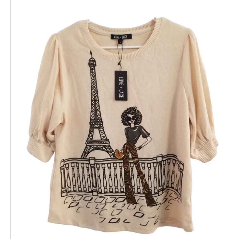 NWT Love + Lace Paris Themed Graphic Short Sleeve Sweater Women's Size LG